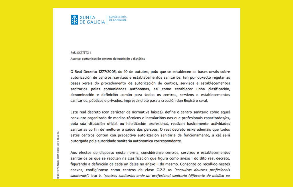 Galicia concede el registro sanitario para el ejercicio de la profesión de dietista-nutricionista